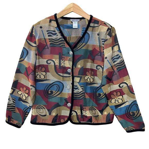 Stonebridge Vintage Multicolor Floral Abstract Velvet Trim Blazer Jacket Sz L - Picture 1 of 5